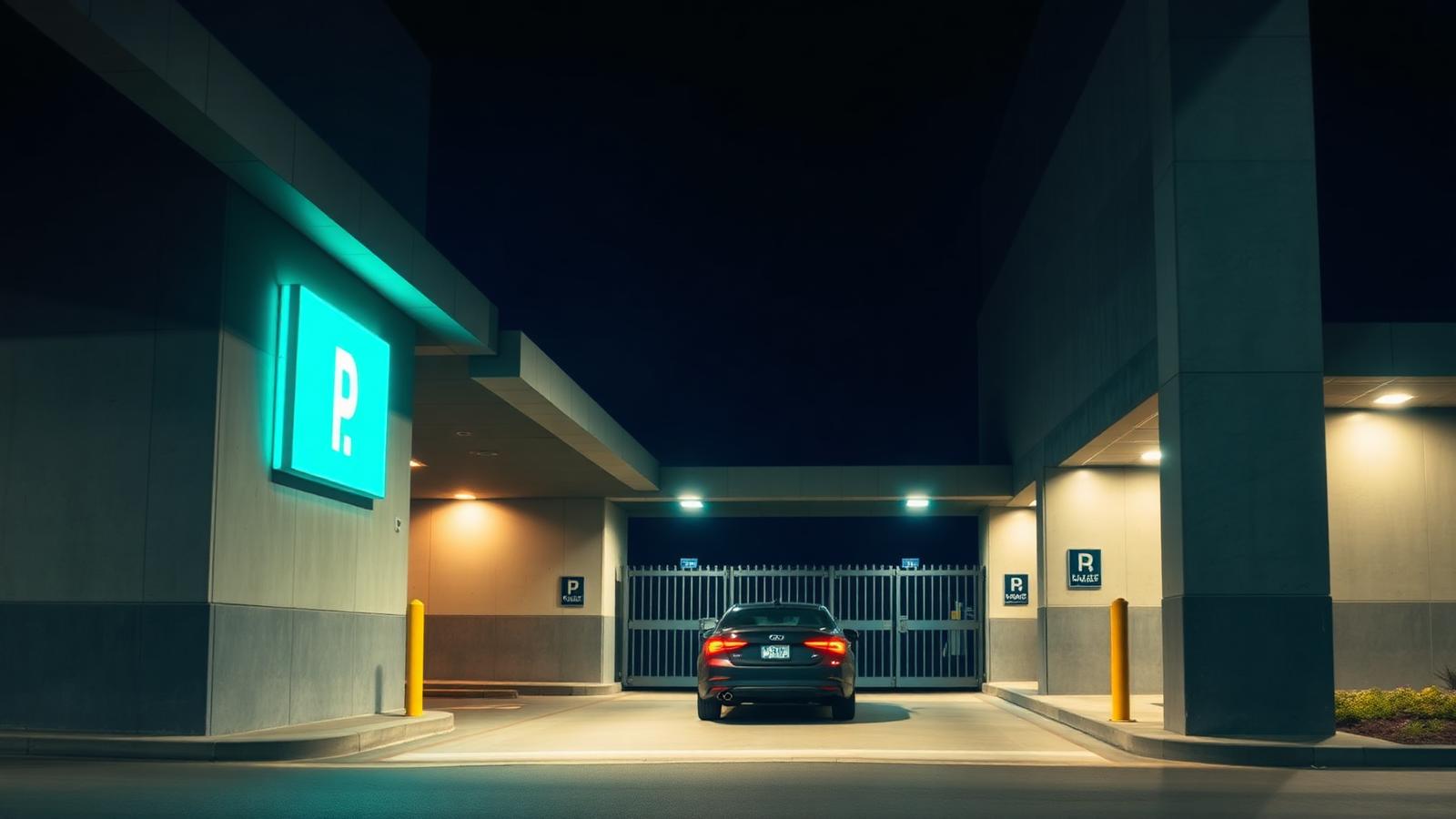 Entrada do estacionamento iluminada à noite